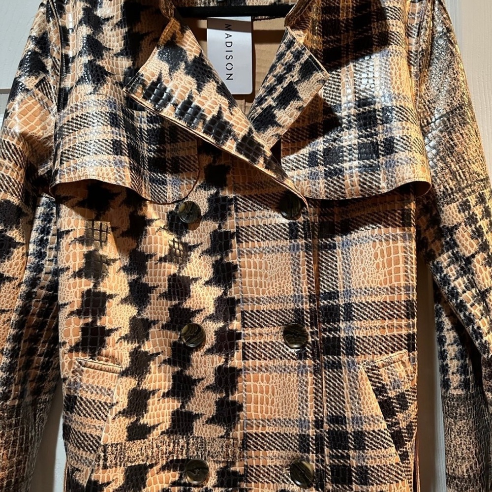 Women's Plaid Leather Jacket - Black and Tan